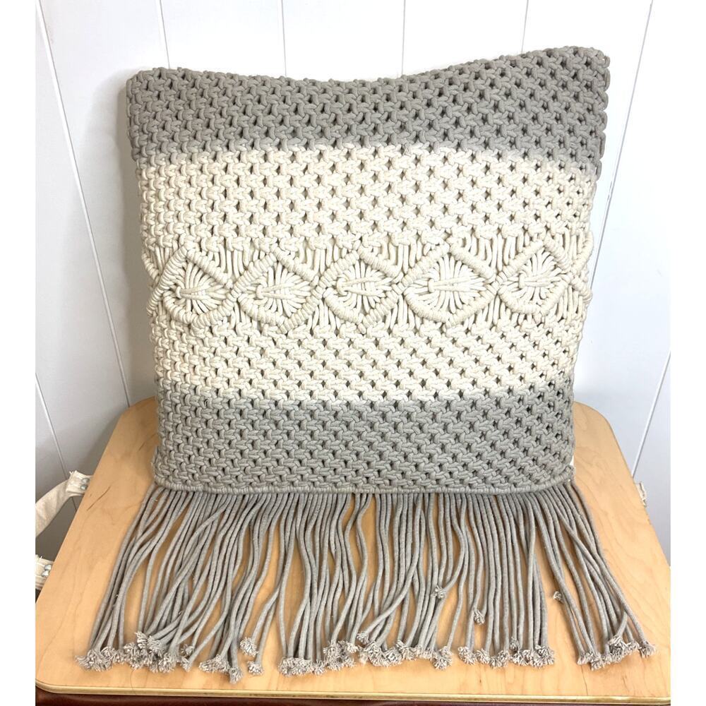 Macramé Pillow in‎ Gray and White 18 x 18 Removable Cover Boho Chic